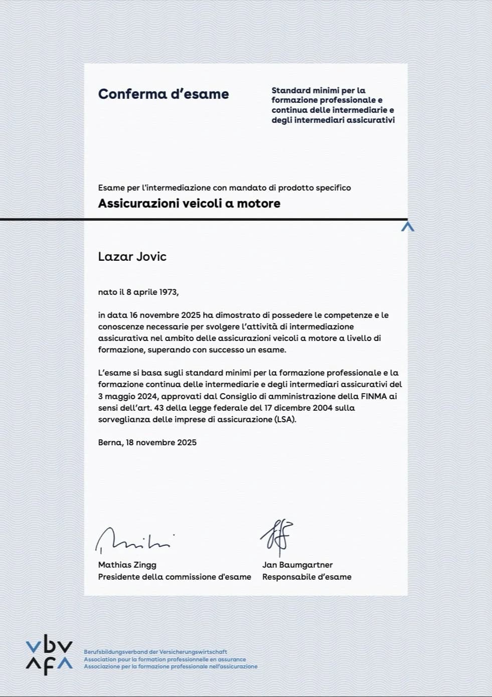 Certificato VBV/AFA - Intermediario assicurativo FINMA
