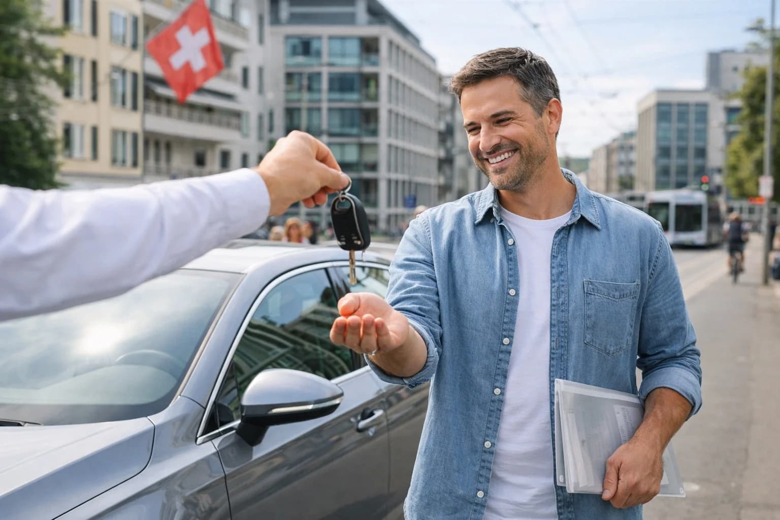 Credito auto per privati in Svizzera: diventa proprietario con rate su misura MultimarcaGarage Finanziamento auto Svizzera – cliente soddisfatto riceve le chiavi della nuova auto con bandiera svizzera