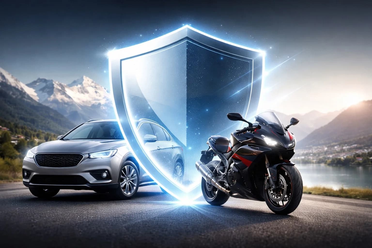 Garanzia auto e moto in Svizzera: protezione completa motore, elettronica e trasmissione – MultimarcaGarage Garanzia auto e moto Svizzera – scudo protezione veicoli con panorama alpino svizzero, copertura motore elettronica trasmissione