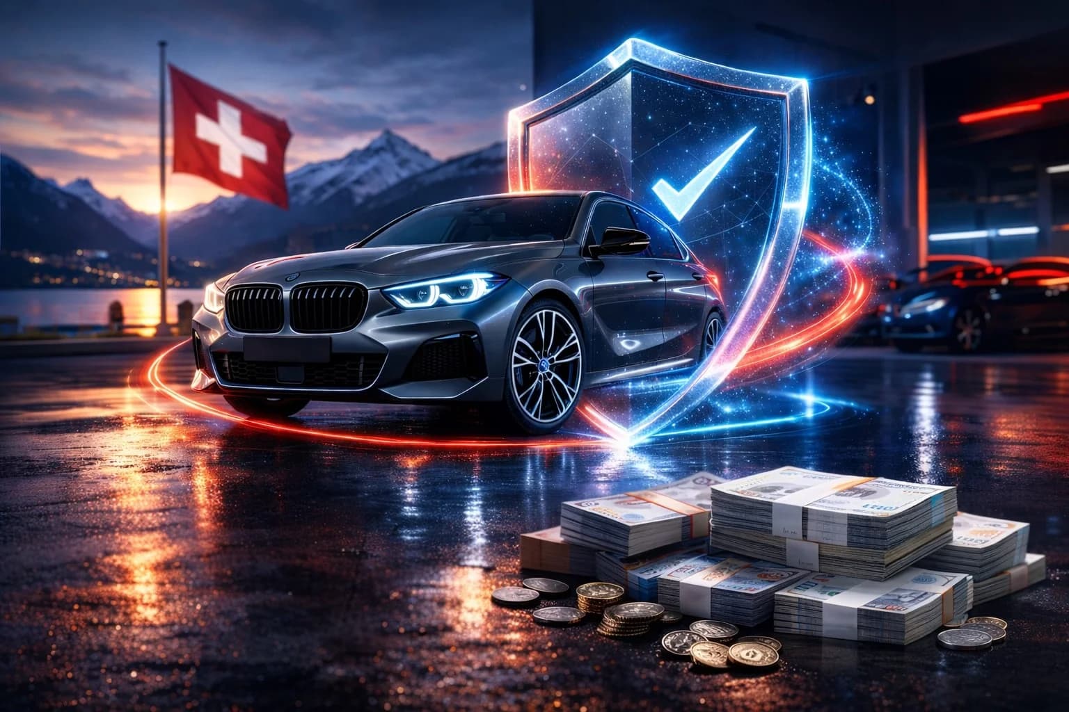 Garanzia auto in Svizzera: protezione contro costi di riparazione imprevisti – MultimarcaGarage Garanzia auto Svizzera – auto protetta da scudo digitale con bandiera svizzera, Alpi e risparmio su costi di riparazione