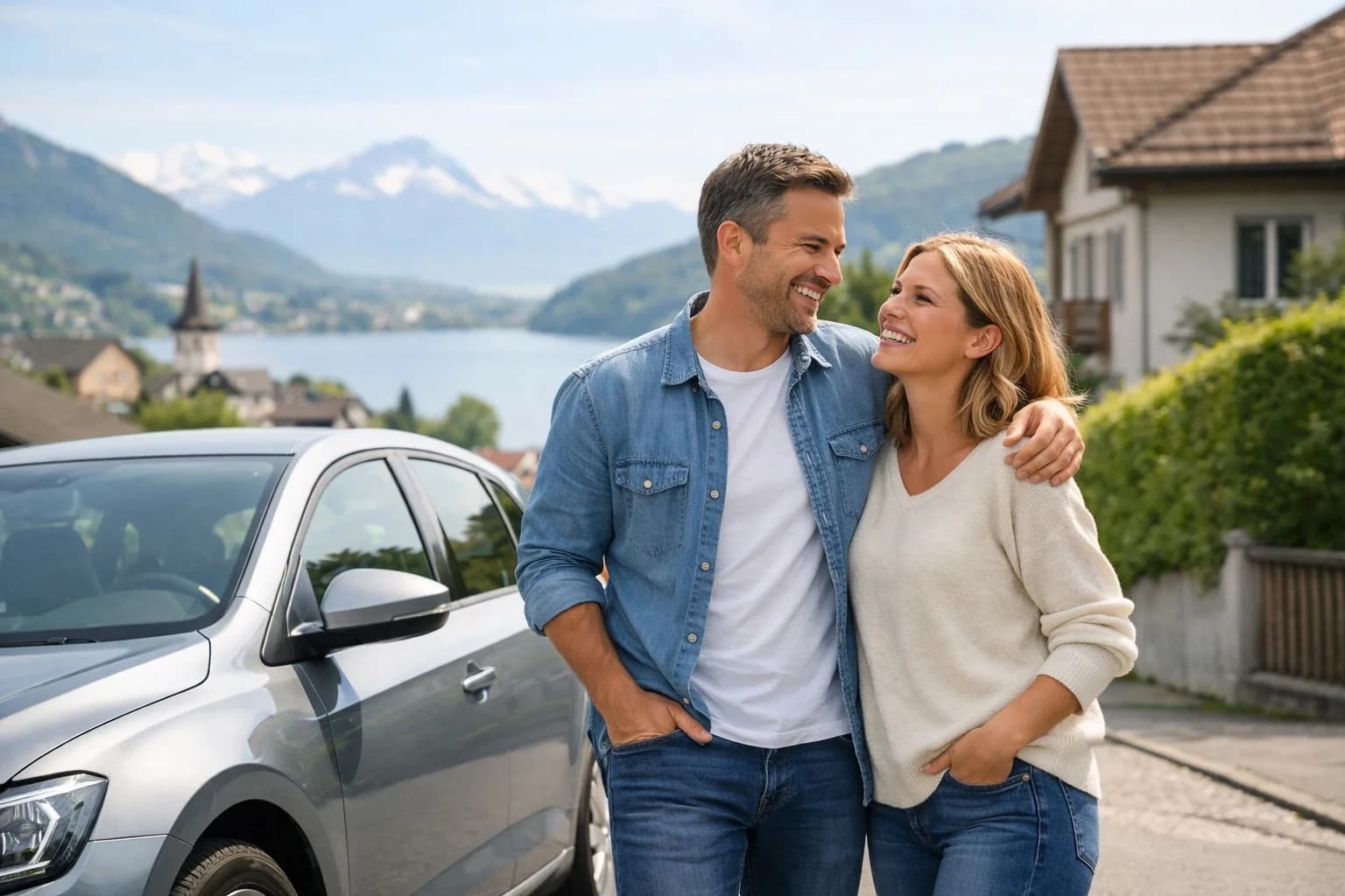 Leasing auto per privati in Svizzera: rata flessibile e consulenza personalizzata MultimarcaGarage Leasing auto Svizzera – coppia soddisfatta accanto alla propria auto in un paesaggio svizzero con montagne e lago