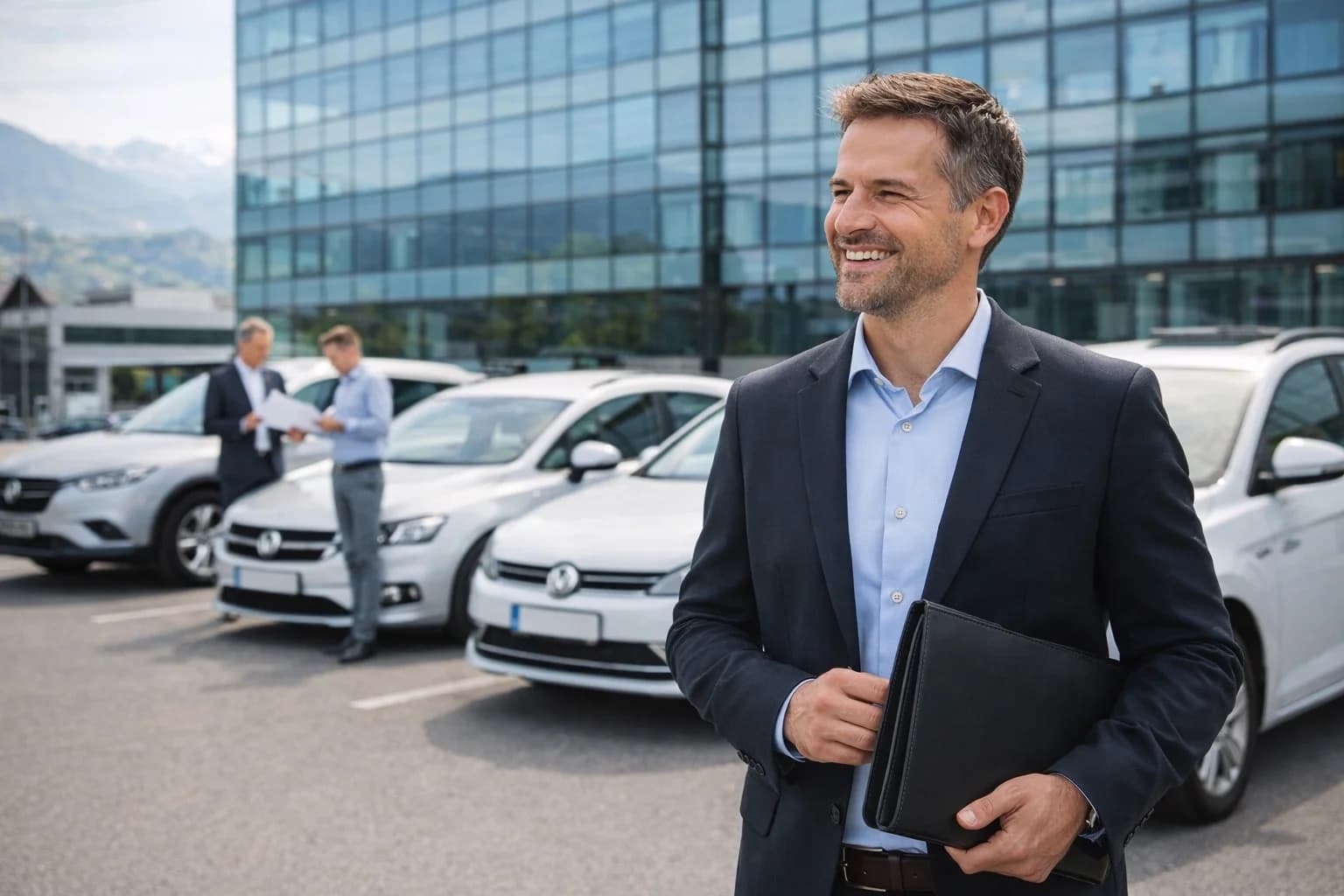 Leasing flotte aziendali in Svizzera: gestione veicoli business con consulenza MultimarcaGarage Leasing aziendale flotta Svizzera – fleet manager davanti a veicoli aziendali con montagne svizzere