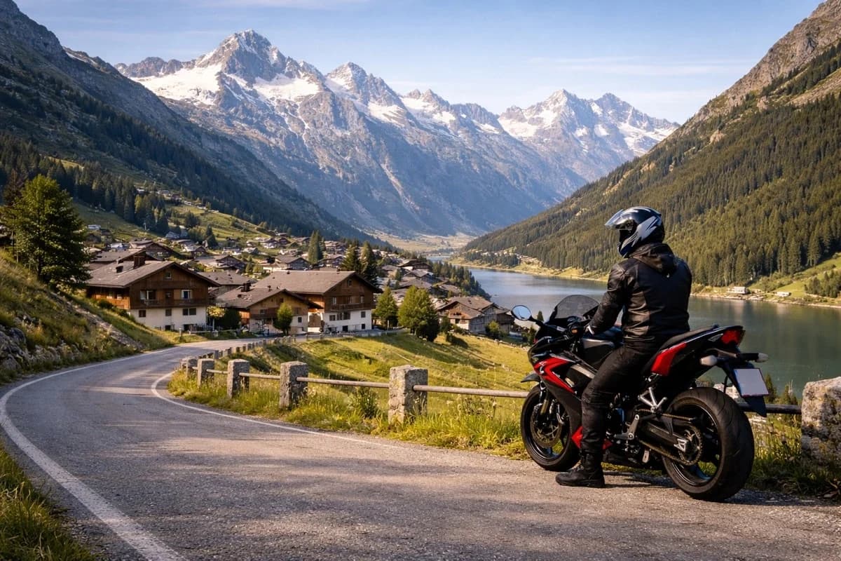 Assicurazione moto Svizzera: confronta preventivi moto online per motociclette, enduro e moto sportive – consulenza personalizzata MultimarcaGarage Assicurazione moto economica in Svizzera – motociclista percorre una strada alpina svizzera con panorama montano, simbolo di libertà e protezione assicurativa per due ruote